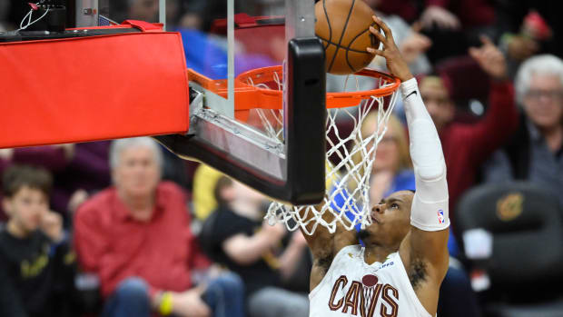 Feb 22, 2024; Cleveland, Ohio, USA; Cleveland Cavaliers forward Isaac Okoro (35) dunks in the fourth quarter against the Orlando Magic at Rocket Mortgage FieldHouse.
